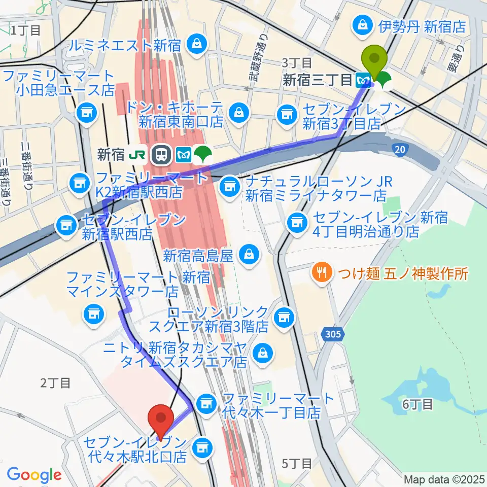 新宿三丁目駅から代々木アトリエ・ムジカへのルートマップ地図