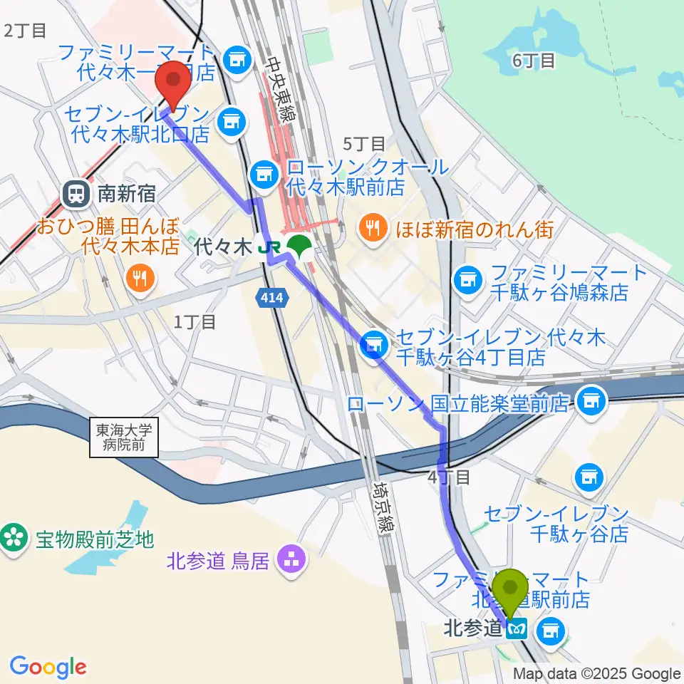 北参道駅から代々木アトリエ・ムジカへのルートマップ地図