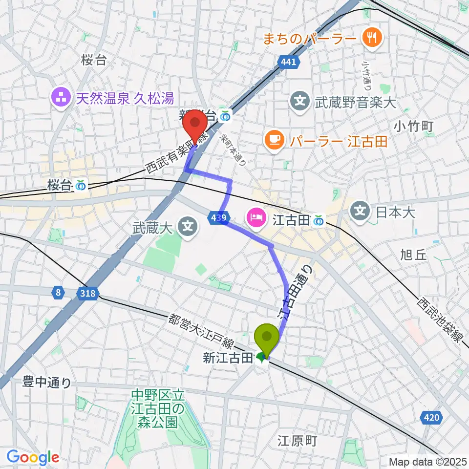 新江古田駅からGALLERY STUDIO 1619.へのルートマップ地図