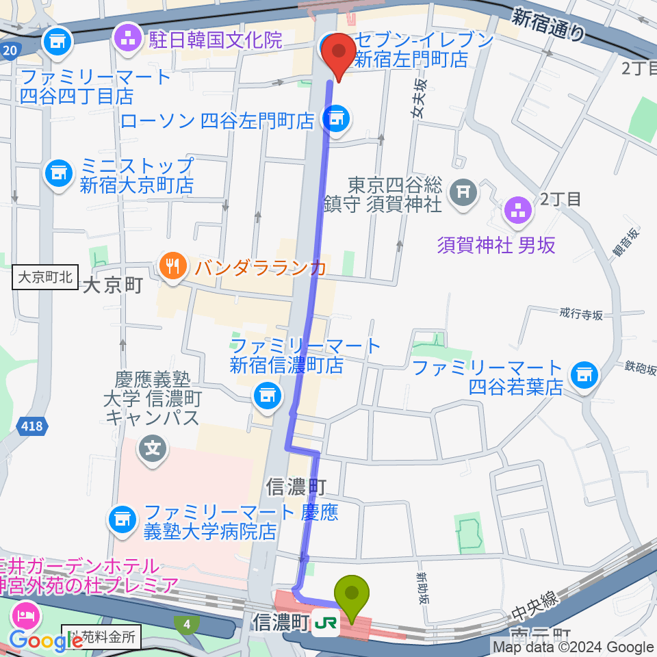 信濃町駅から四谷三丁目Blue-Tへのルートマップ地図