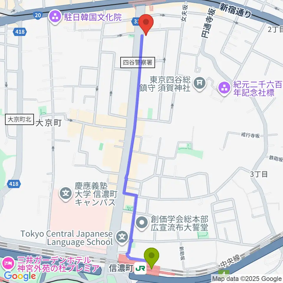 信濃町駅から四谷三丁目Blue-Tへのルートマップ地図