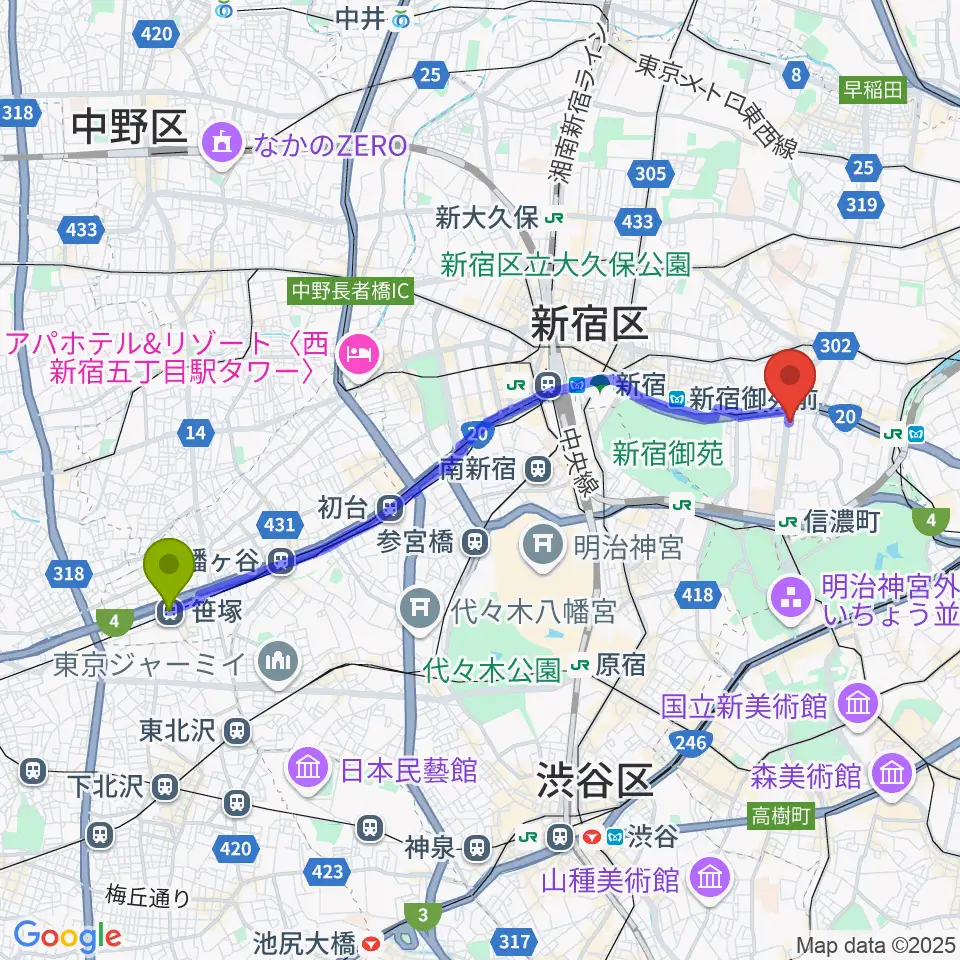 笹塚駅から四谷三丁目Blue-Tへのルートマップ地図