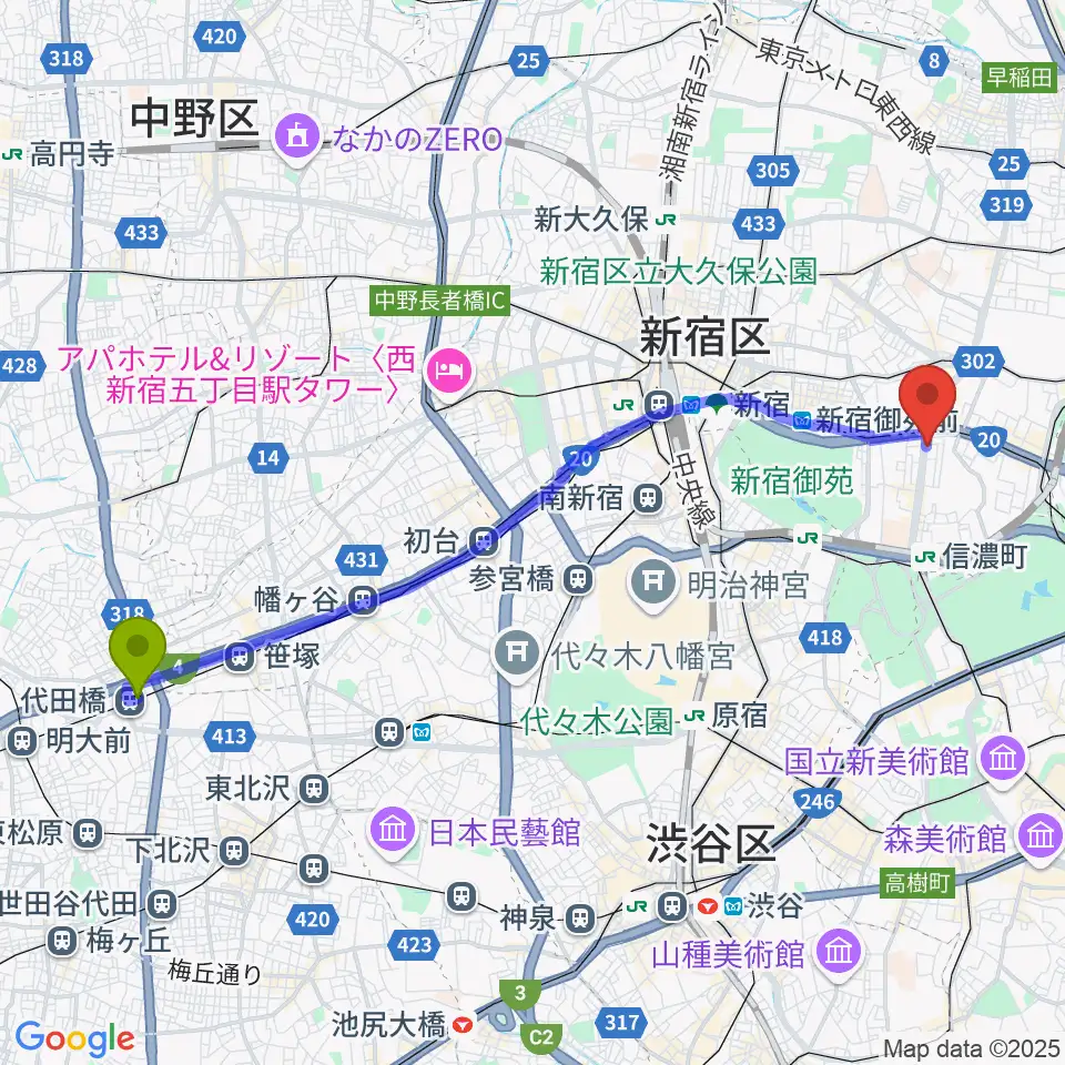 代田橋駅から四谷三丁目Blue-Tへのルートマップ地図
