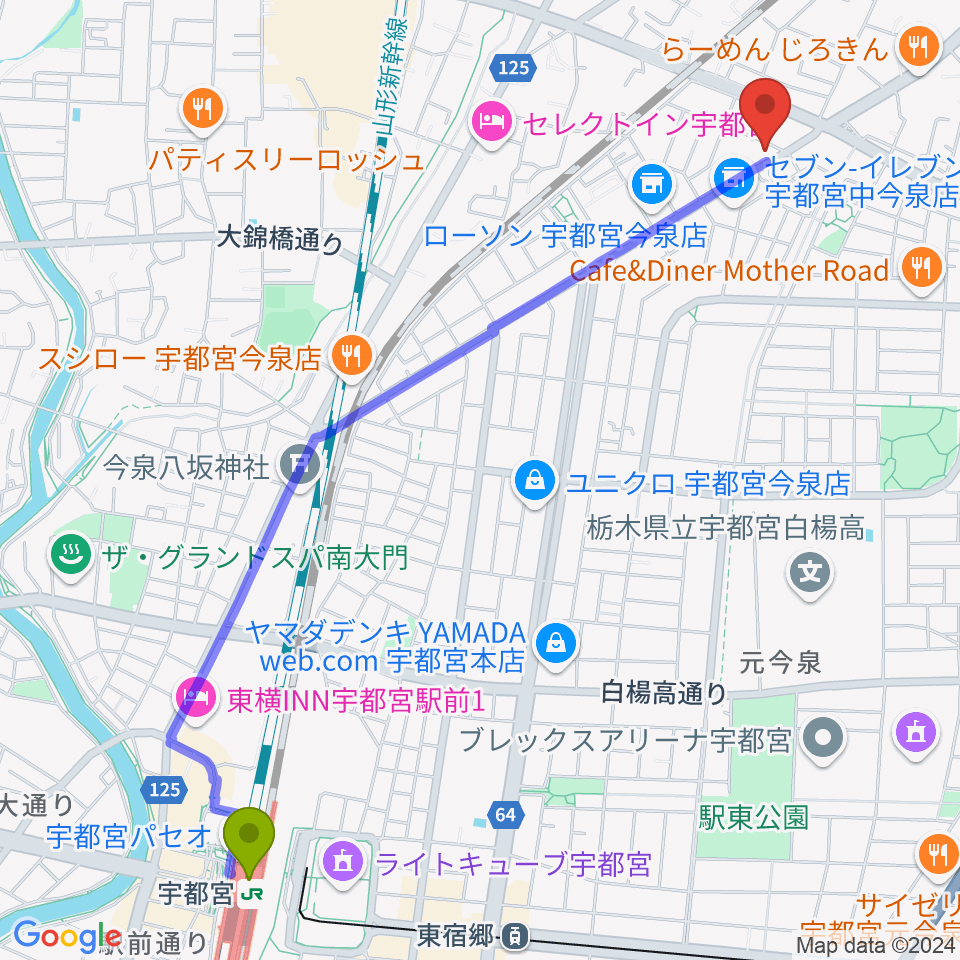 ギターショップ・オールドブリッジの最寄駅宇都宮駅からの徒歩ルート（約28分）地図