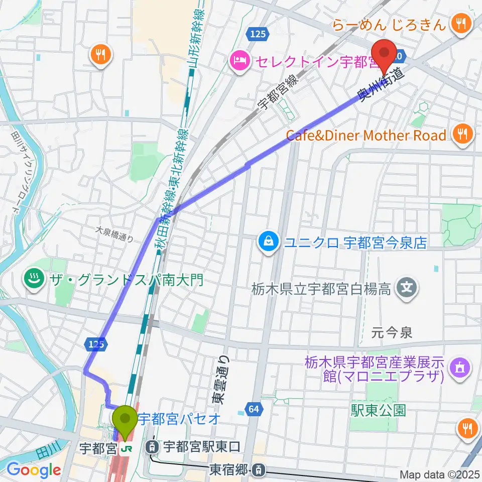 ギターショップ・オールドブリッジの最寄駅宇都宮駅からの徒歩ルート（約28分）地図