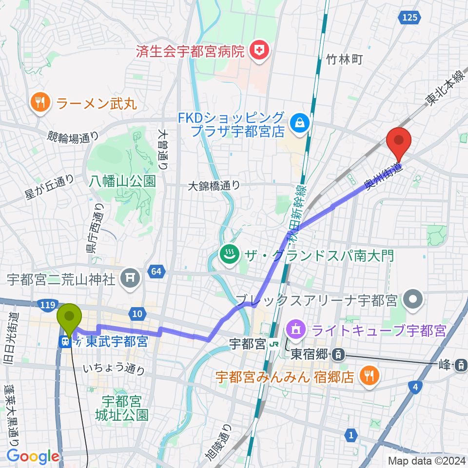 東武宇都宮駅からギターショップ・オールドブリッジへのルートマップ地図