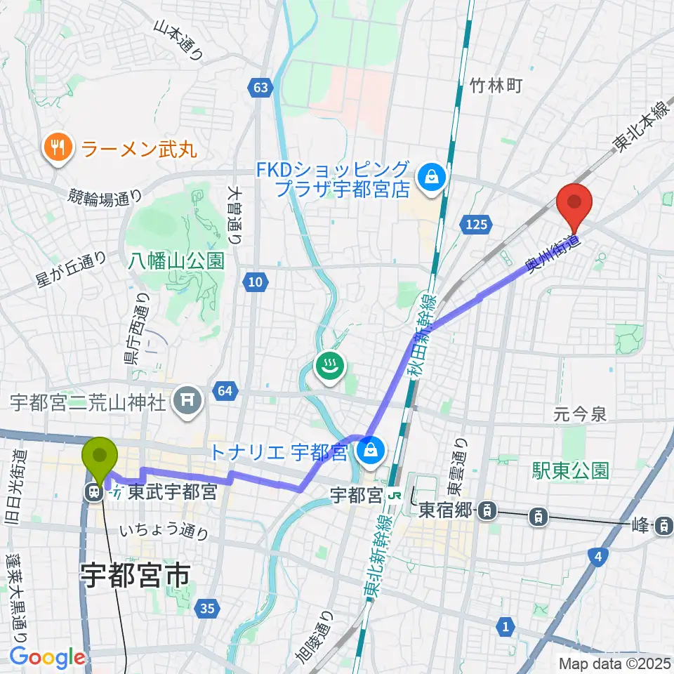 東武宇都宮駅からギターショップ・オールドブリッジへのルートマップ地図