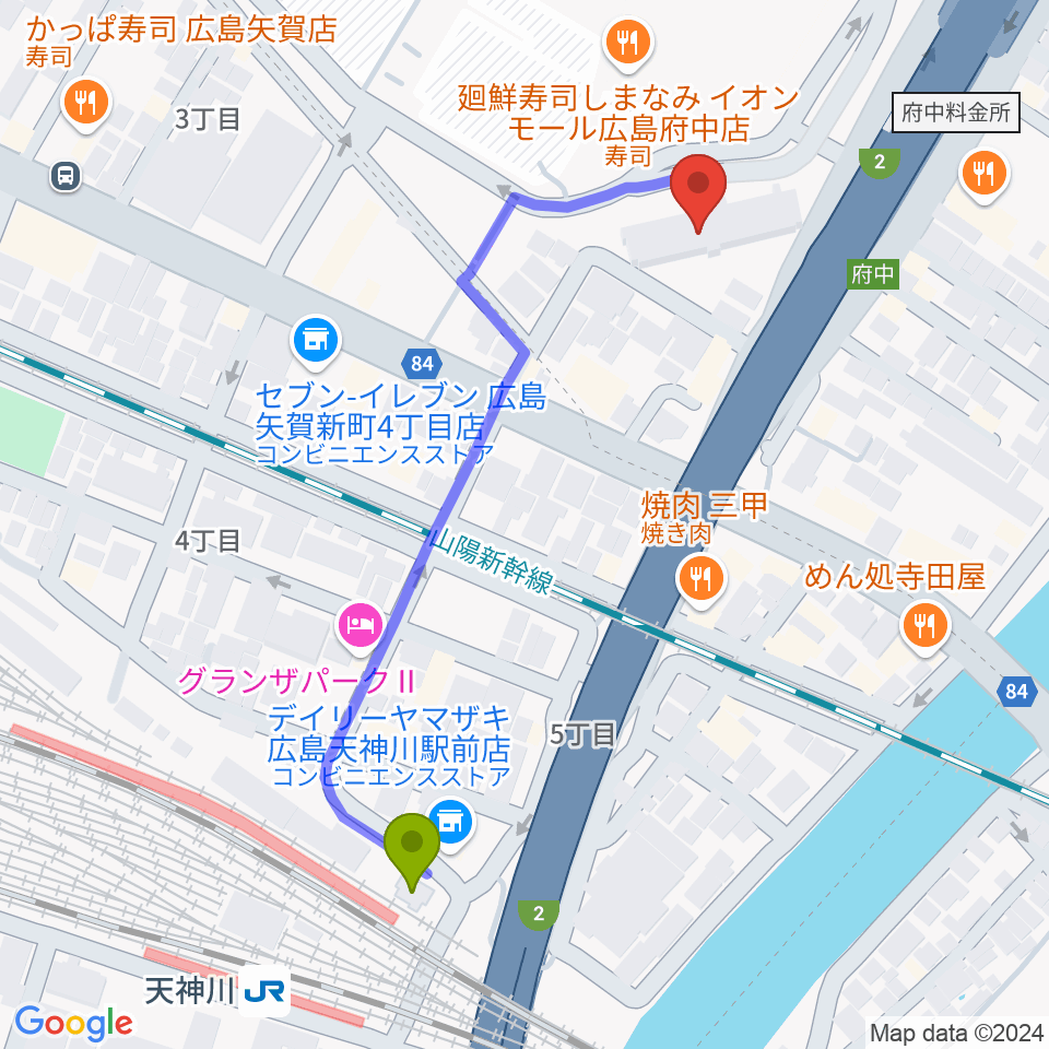 島村楽器 イオンモール広島府中店の最寄駅天神川駅からの徒歩ルート（約5分）地図