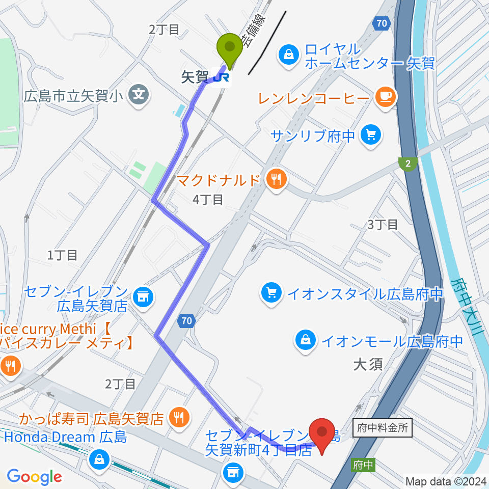 矢賀駅から島村楽器 イオンモール広島府中店へのルートマップ地図