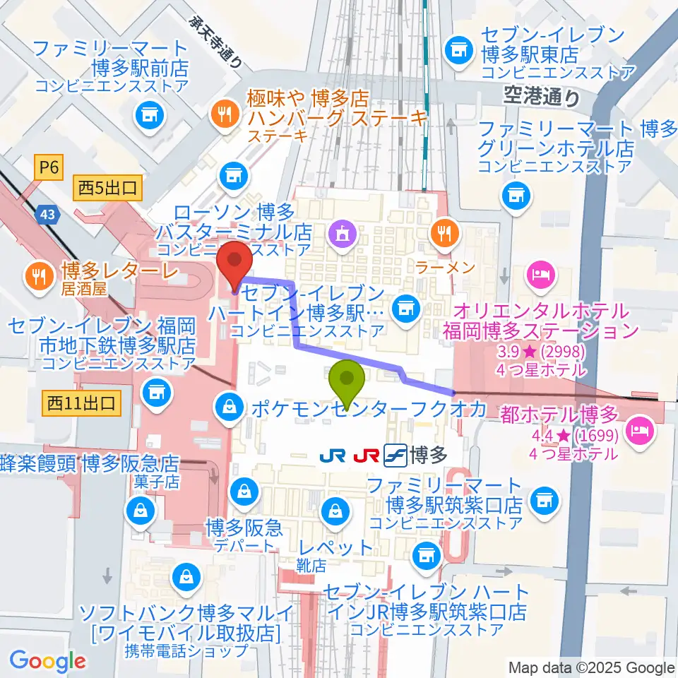 島村楽器 アミュプラザ博多店の最寄駅博多駅からの徒歩ルート（約2分）地図