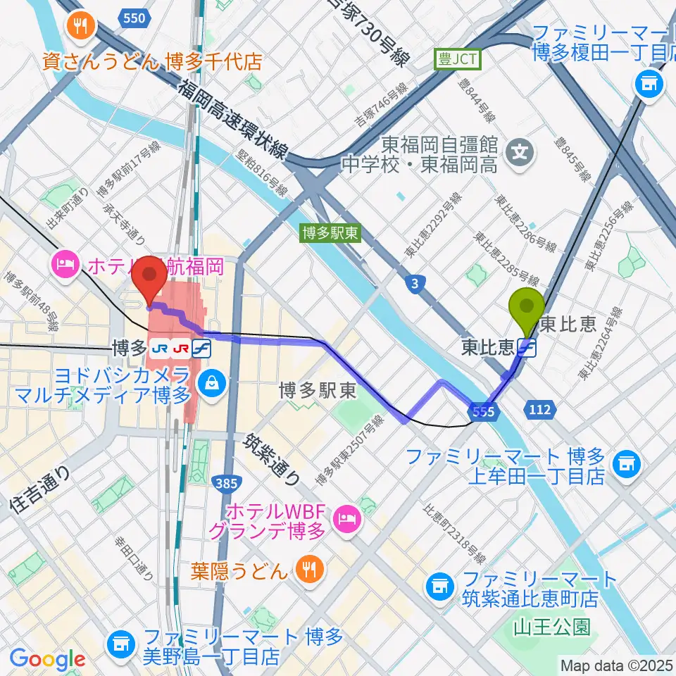 東比恵駅から島村楽器 アミュプラザ博多店へのルートマップ地図