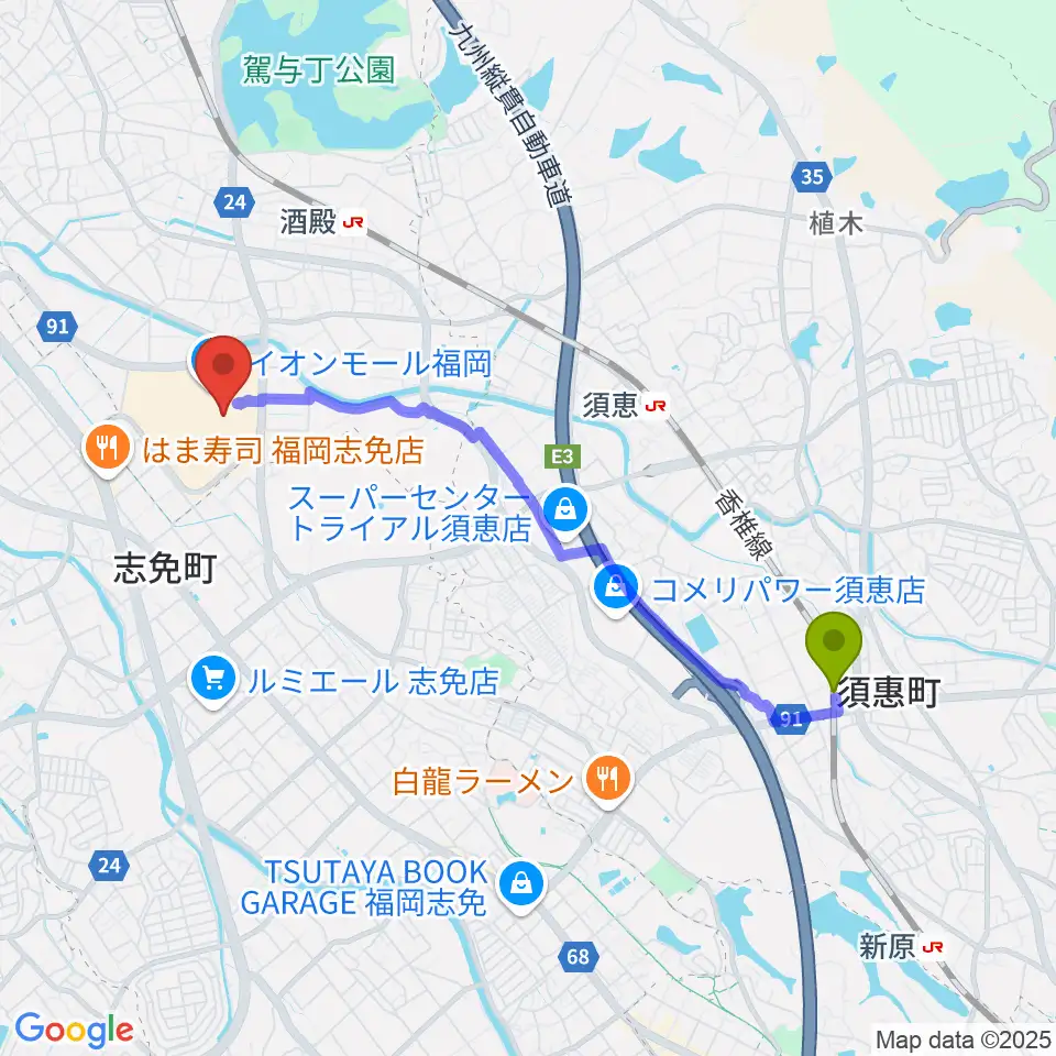須恵中央駅から島村楽器 イオンモール福岡店へのルートマップ地図