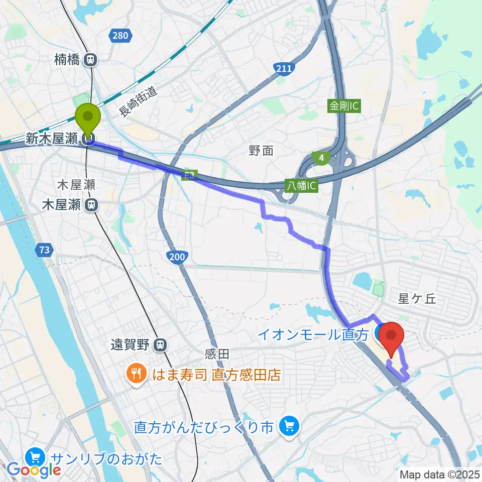 新木屋瀬駅から島村楽器 イオンモール直方店へのルートマップ地図