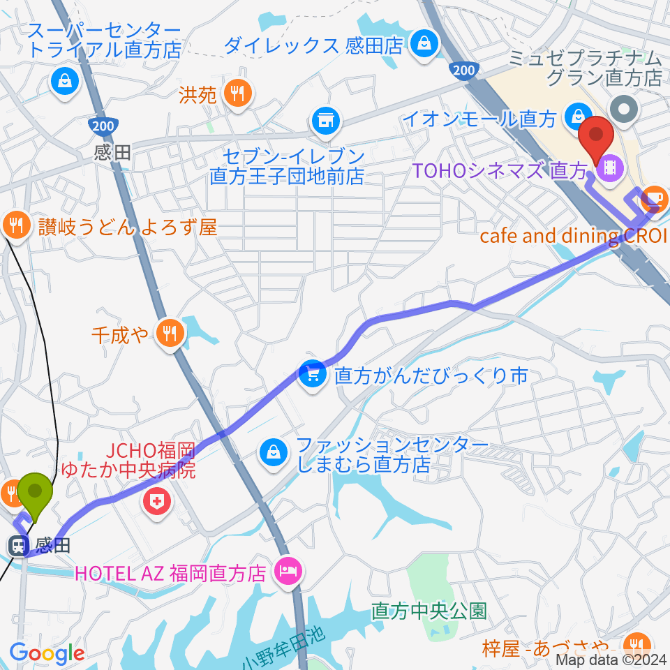 感田駅から島村楽器 イオンモール直方店へのルートマップ地図