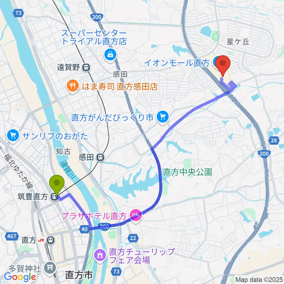 筑豊直方駅から島村楽器 イオンモール直方店へのルートマップ地図