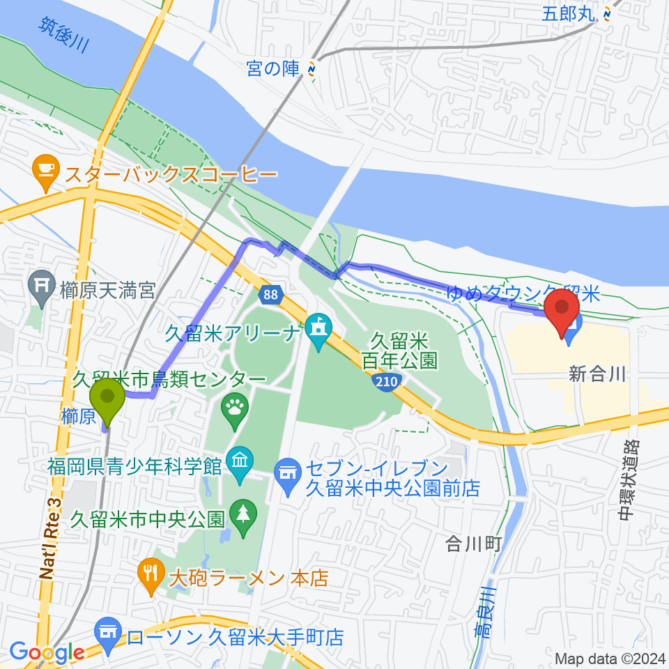 櫛原駅から島村楽器 久留米ゆめタウン店へのルートマップ地図