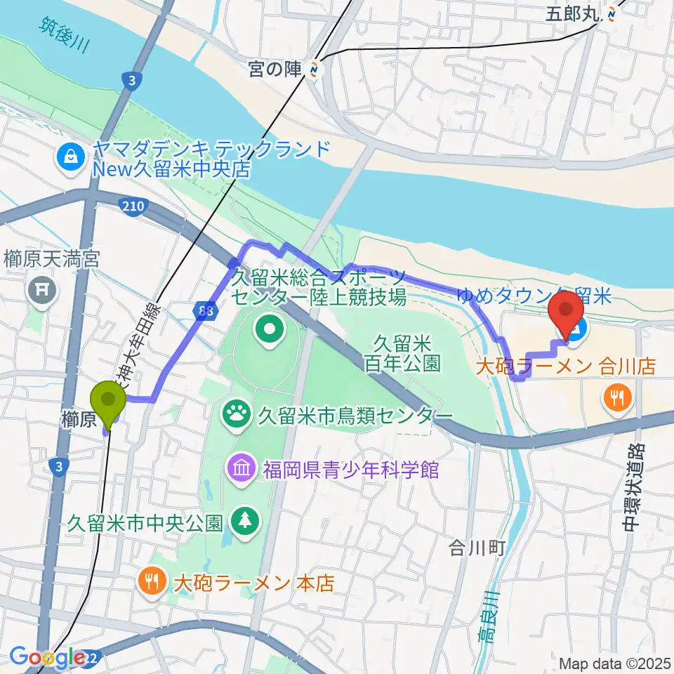 櫛原駅から島村楽器 久留米ゆめタウン店へのルートマップ地図