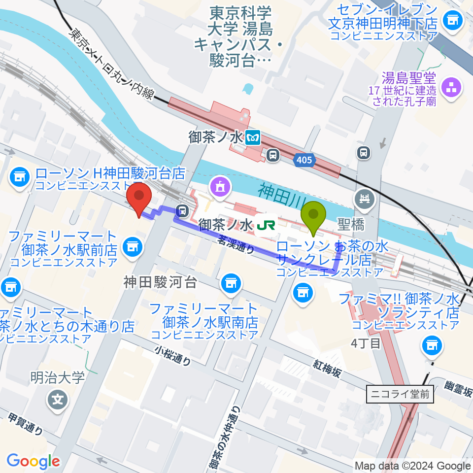 BIGBOSSお茶の水駅前店の最寄駅御茶ノ水駅からの徒歩ルート（約3分）地図