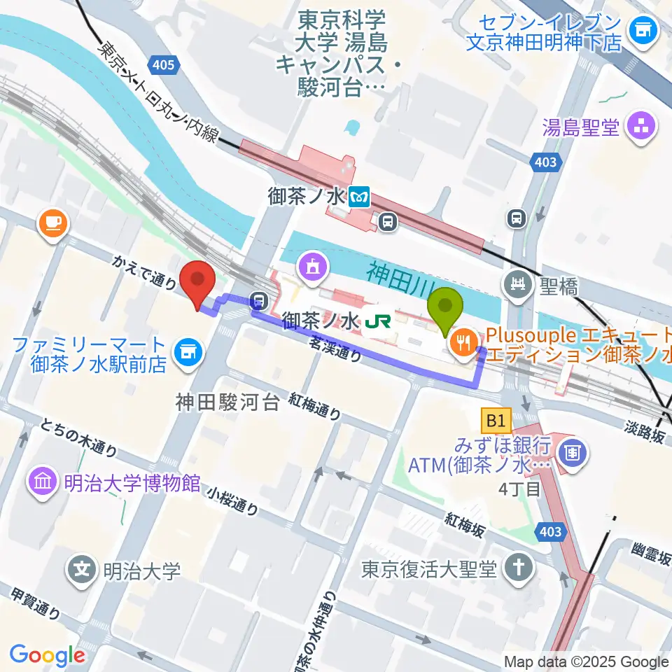 BIGBOSSお茶の水駅前店の最寄駅御茶ノ水駅からの徒歩ルート（約3分）地図