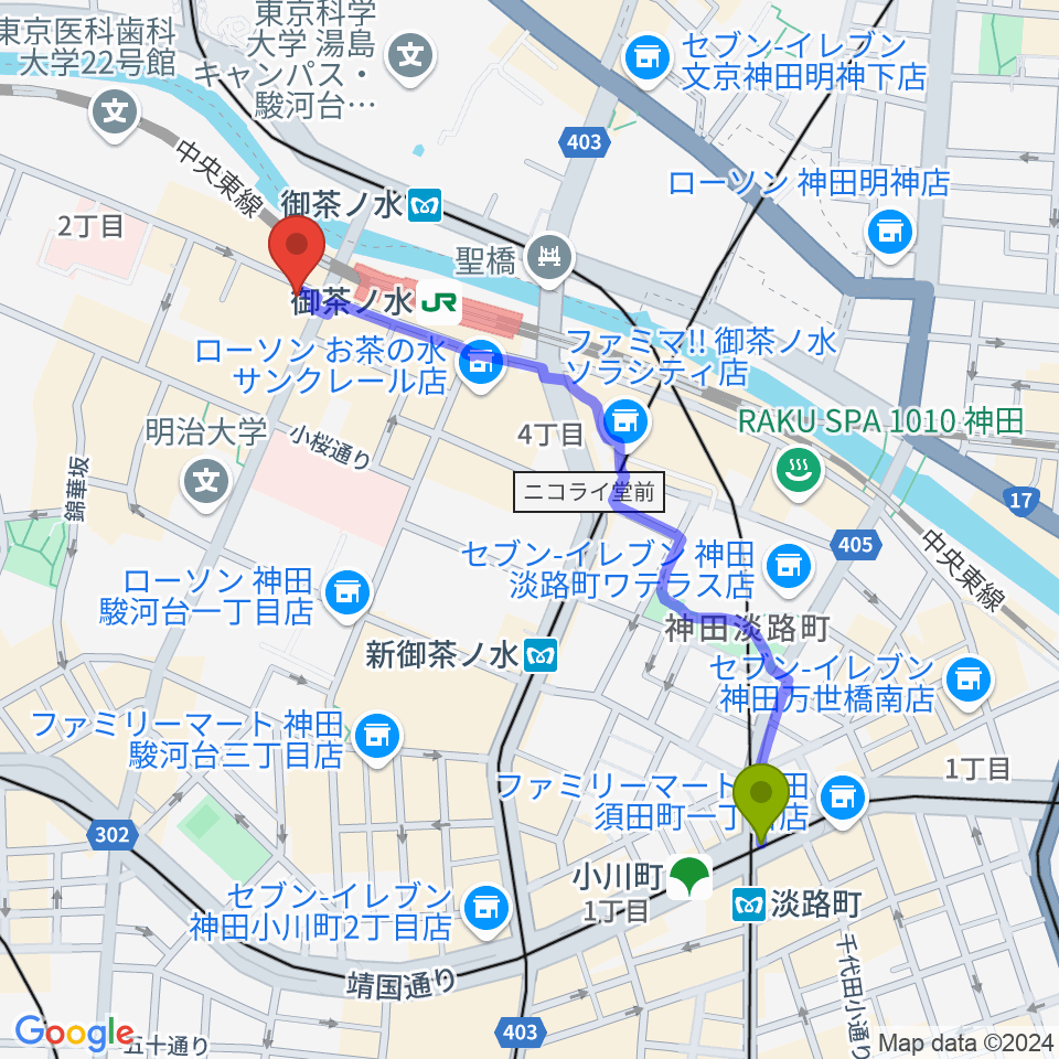 淡路町駅からBIGBOSSお茶の水駅前店へのルートマップ地図