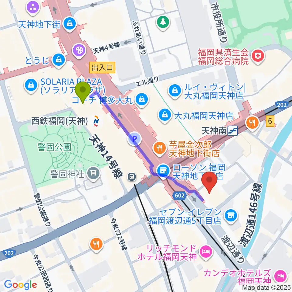西鉄福岡（天神）駅からBIGBOSS福岡へのルートマップ地図