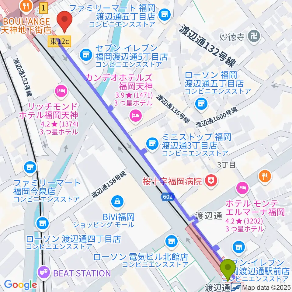 渡辺通駅からBIGBOSS福岡へのルートマップ地図