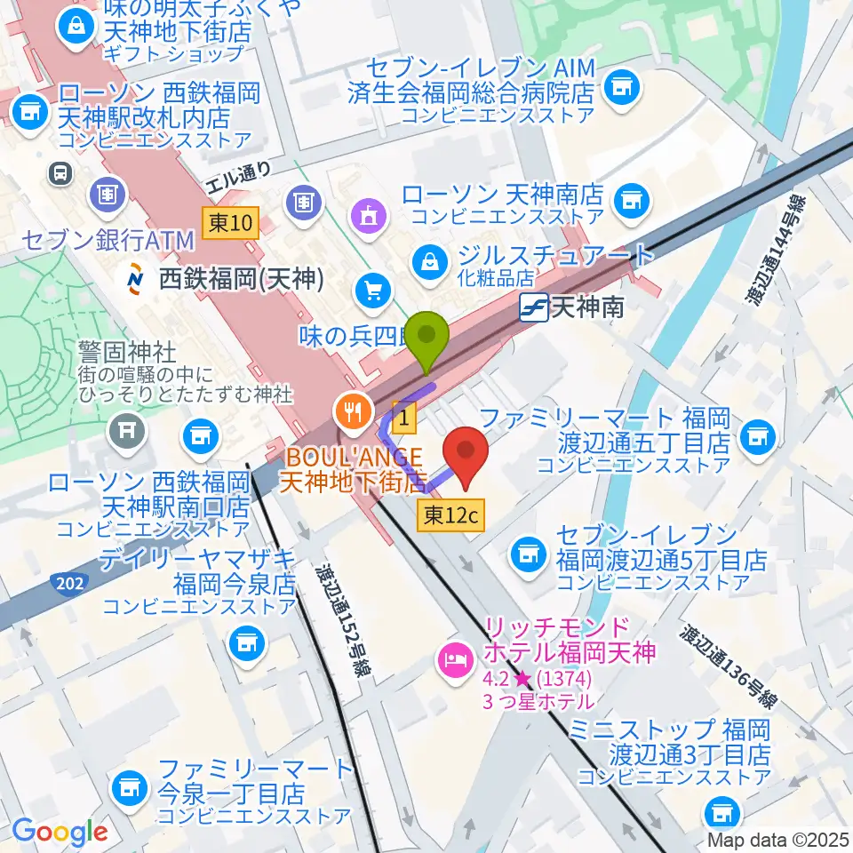 BIGBOSS福岡の最寄駅天神南駅からの徒歩ルート（約1分）地図