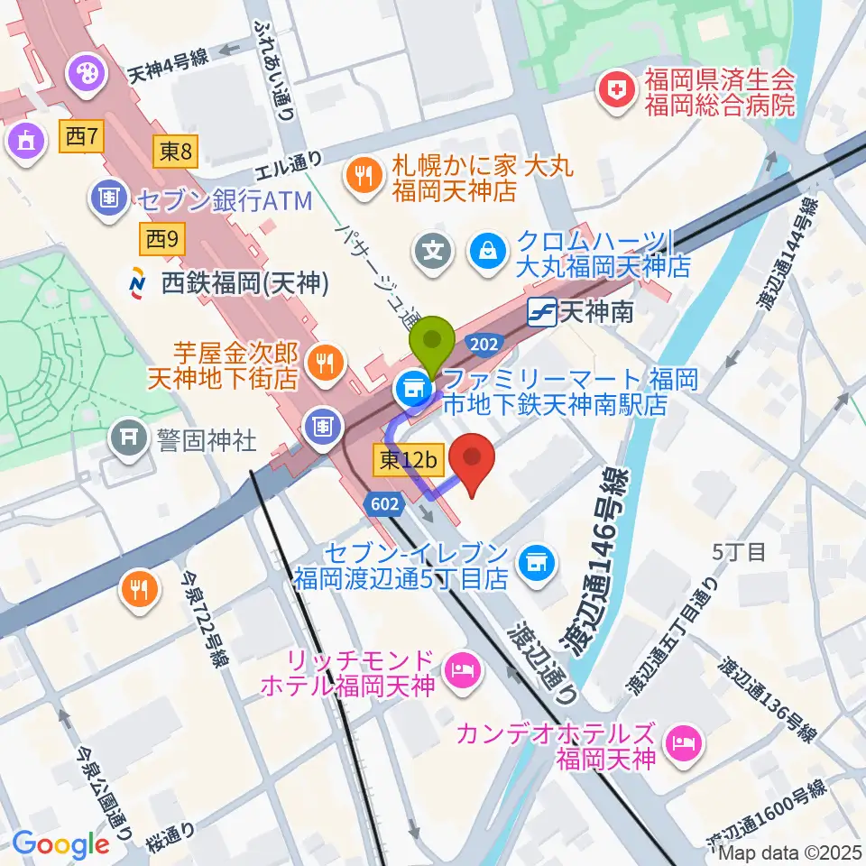 BIGBOSS福岡の最寄駅天神南駅からの徒歩ルート（約1分）地図