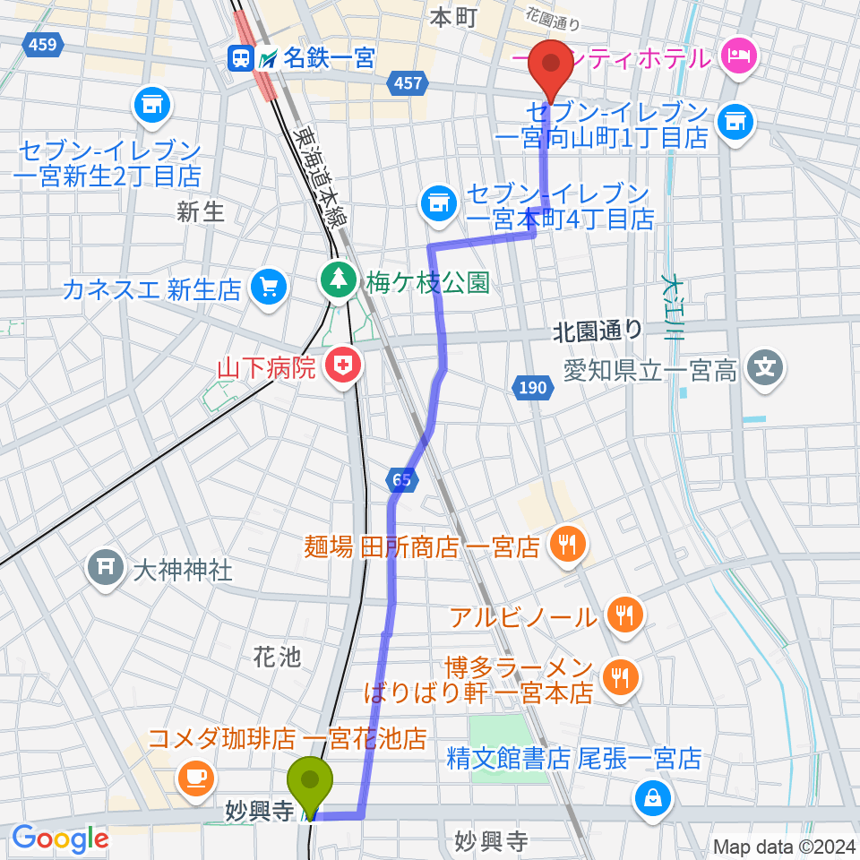 妙興寺駅からミュージックポケット スタジオへのルートマップ地図