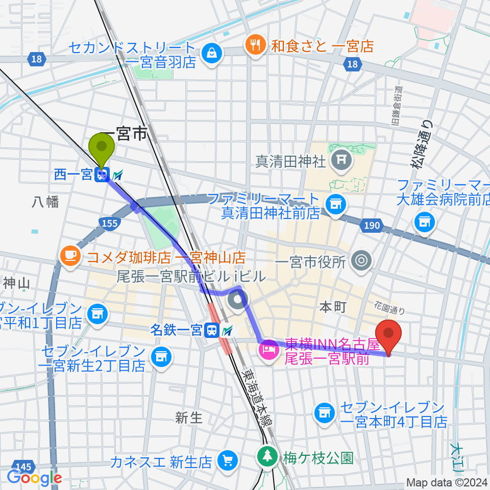 西一宮駅からミュージックポケット スタジオへのルートマップ地図