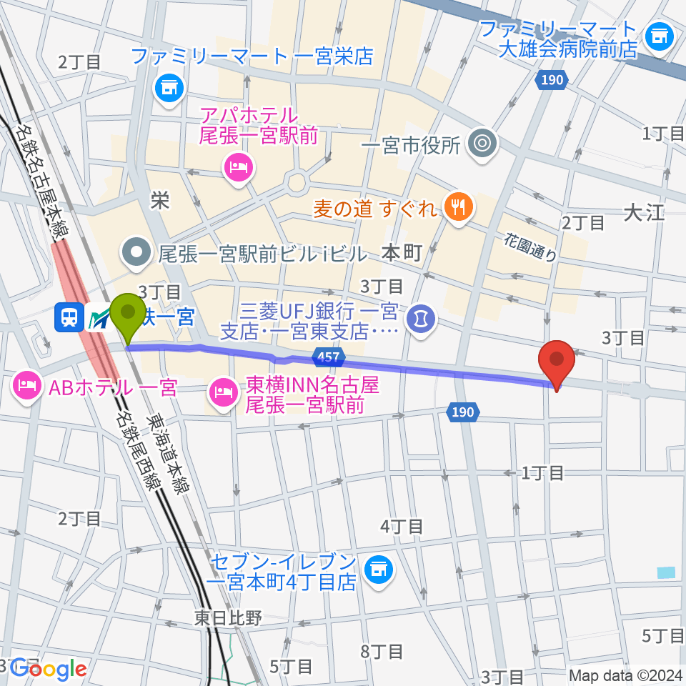 ミュージックポケットの最寄駅尾張一宮駅からの徒歩ルート（約10分）地図