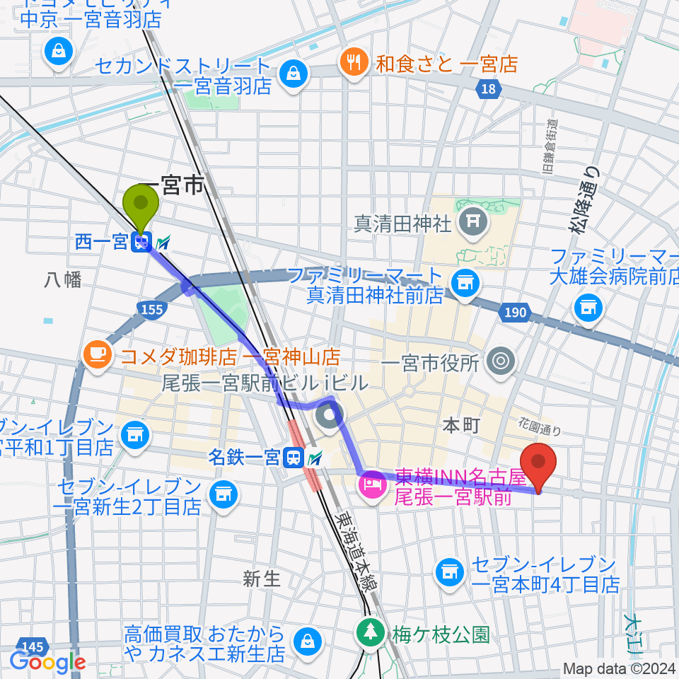 西一宮駅からミュージックポケットへのルートマップ地図