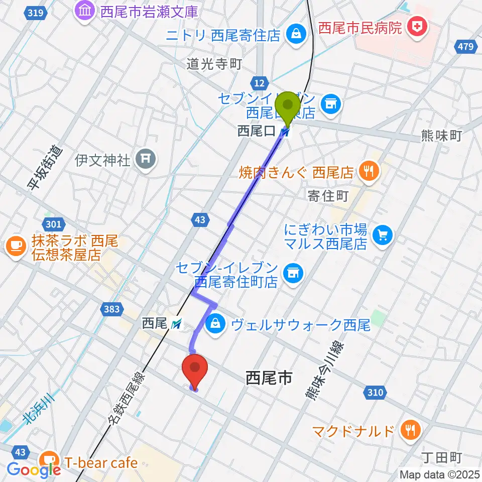 西尾口駅から西尾エイトビートへのルートマップ地図