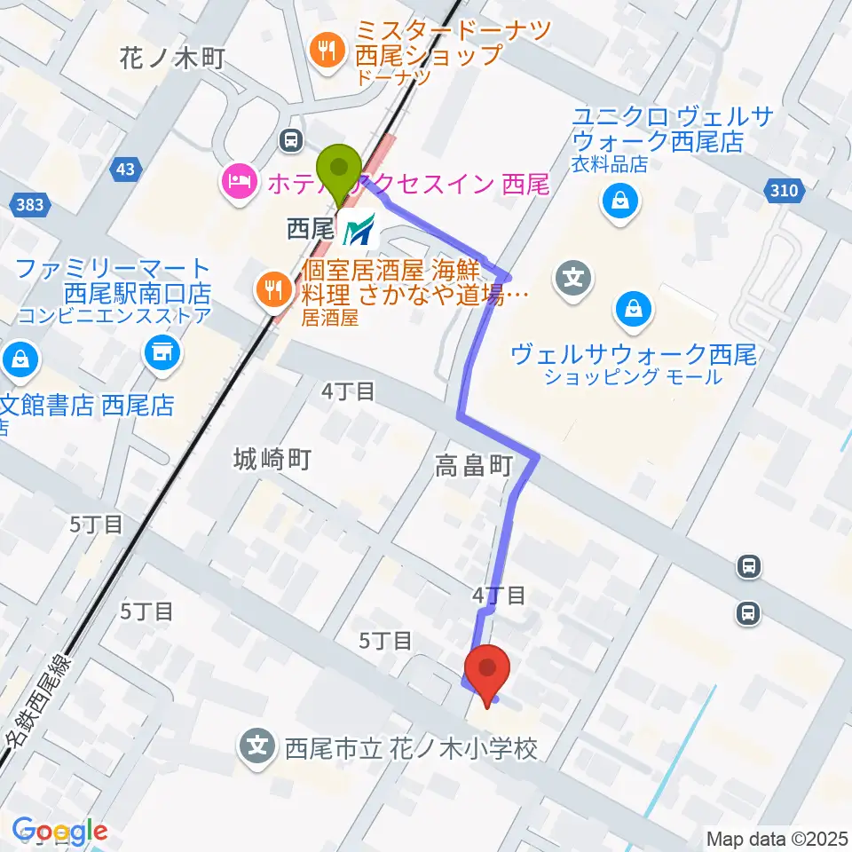 西尾エイトビートの最寄駅西尾駅からの徒歩ルート（約5分）地図