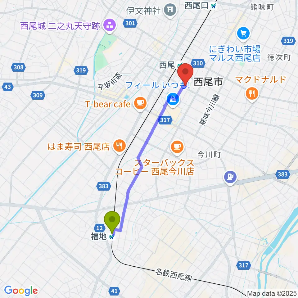 福地駅から西尾エイトビートへのルートマップ地図