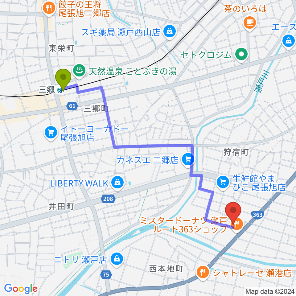 スタジオ・ミディの最寄駅三郷駅からの徒歩ルート（約23分）地図