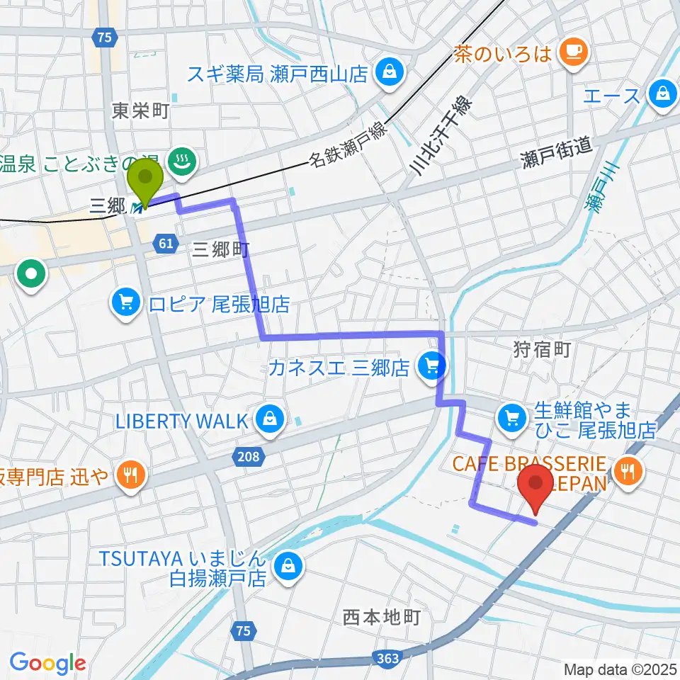スタジオ・ミディの最寄駅三郷駅からの徒歩ルート（約23分）地図