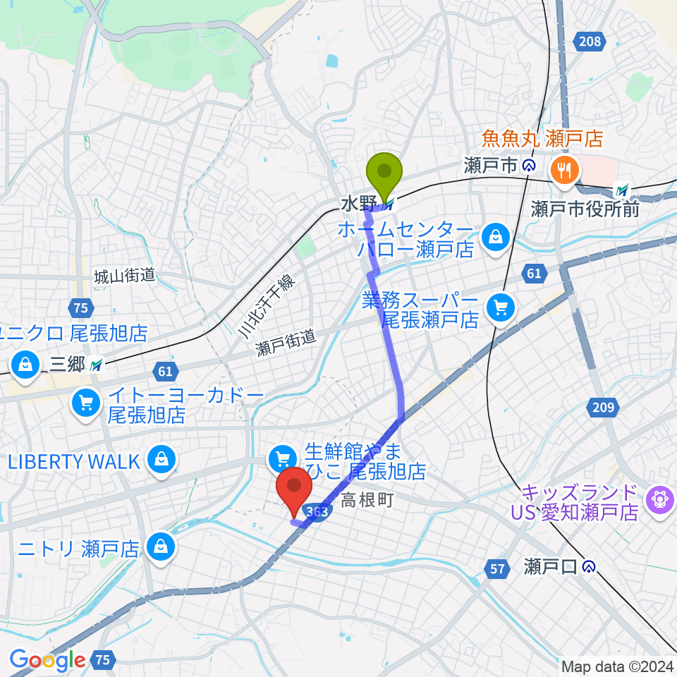 水野駅からスタジオ・ミディへのルートマップ地図