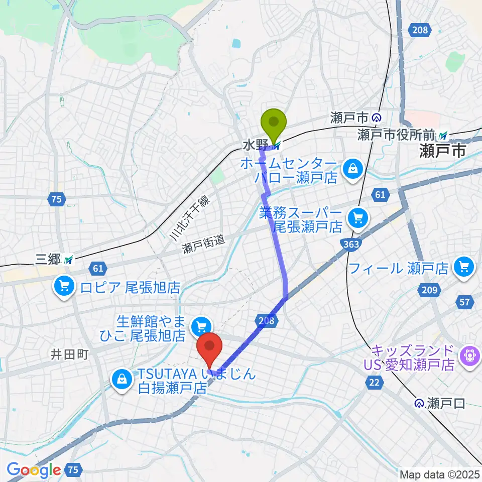水野駅からスタジオ・ミディへのルートマップ地図