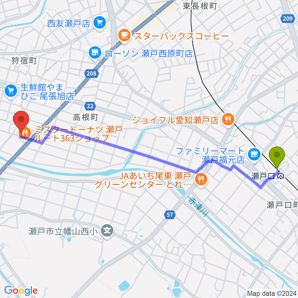 瀬戸口駅からスタジオ・ミディへのルートマップ地図