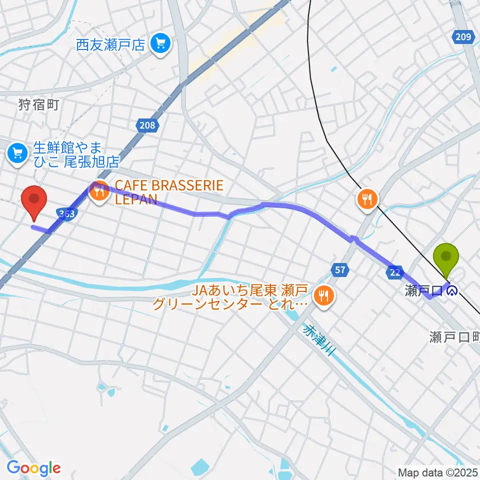 瀬戸口駅からスタジオ・ミディへのルートマップ地図