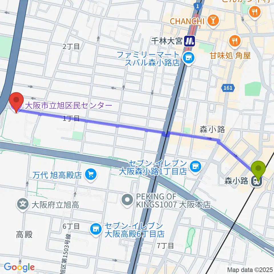 森小路駅から芸術創造館 音楽練習室へのルートマップ地図