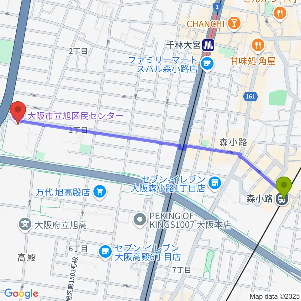 森小路駅から芸術創造館 音楽練習室へのルートマップ地図