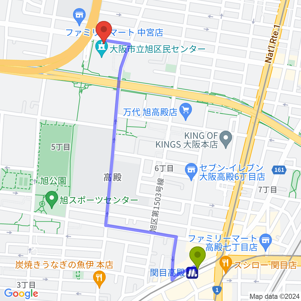 関目高殿駅から芸術創造館 音楽練習室へのルートマップ地図