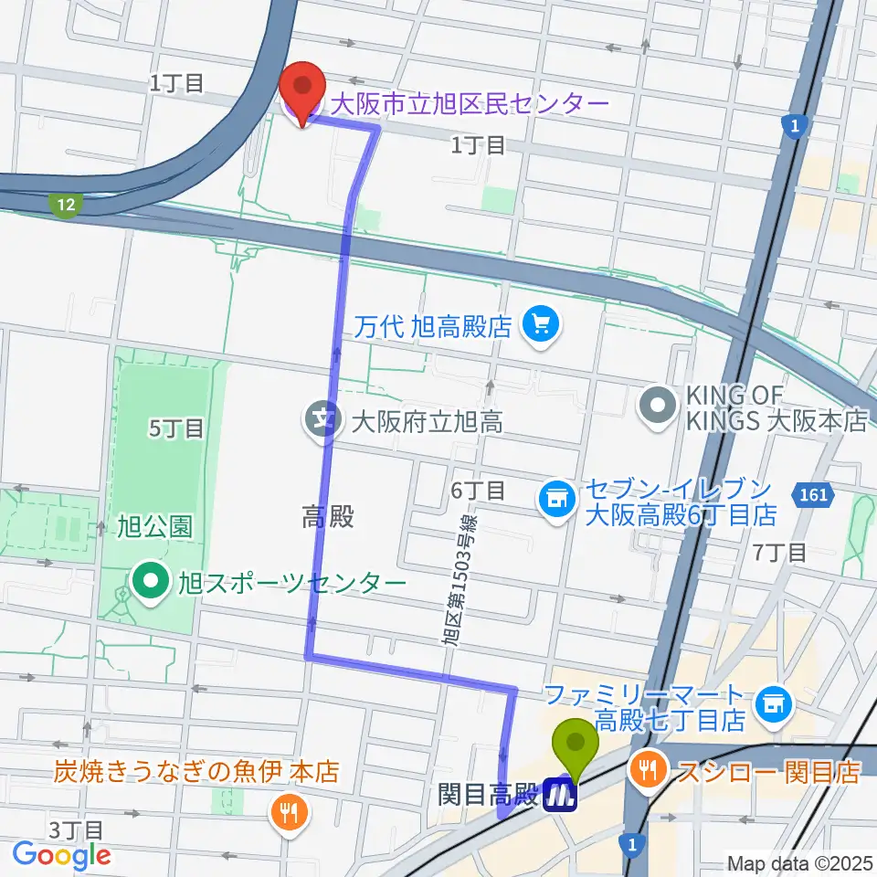 関目高殿駅から芸術創造館 音楽練習室へのルートマップ地図