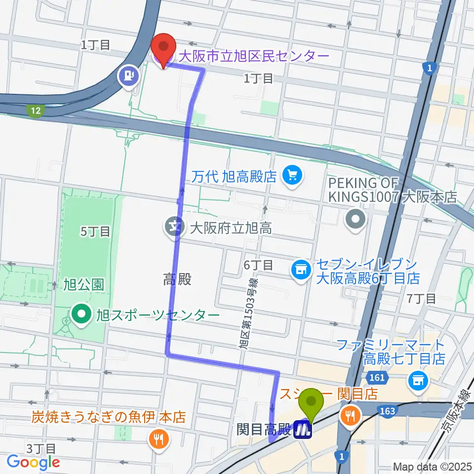 関目高殿駅から芸術創造館 音楽練習室へのルートマップ地図