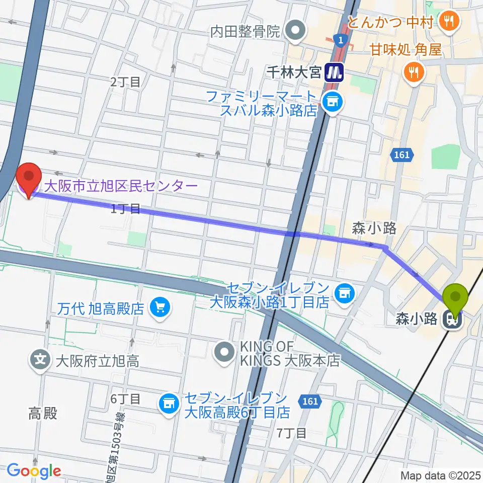 森小路駅から大阪市立芸術創造館へのルートマップ地図