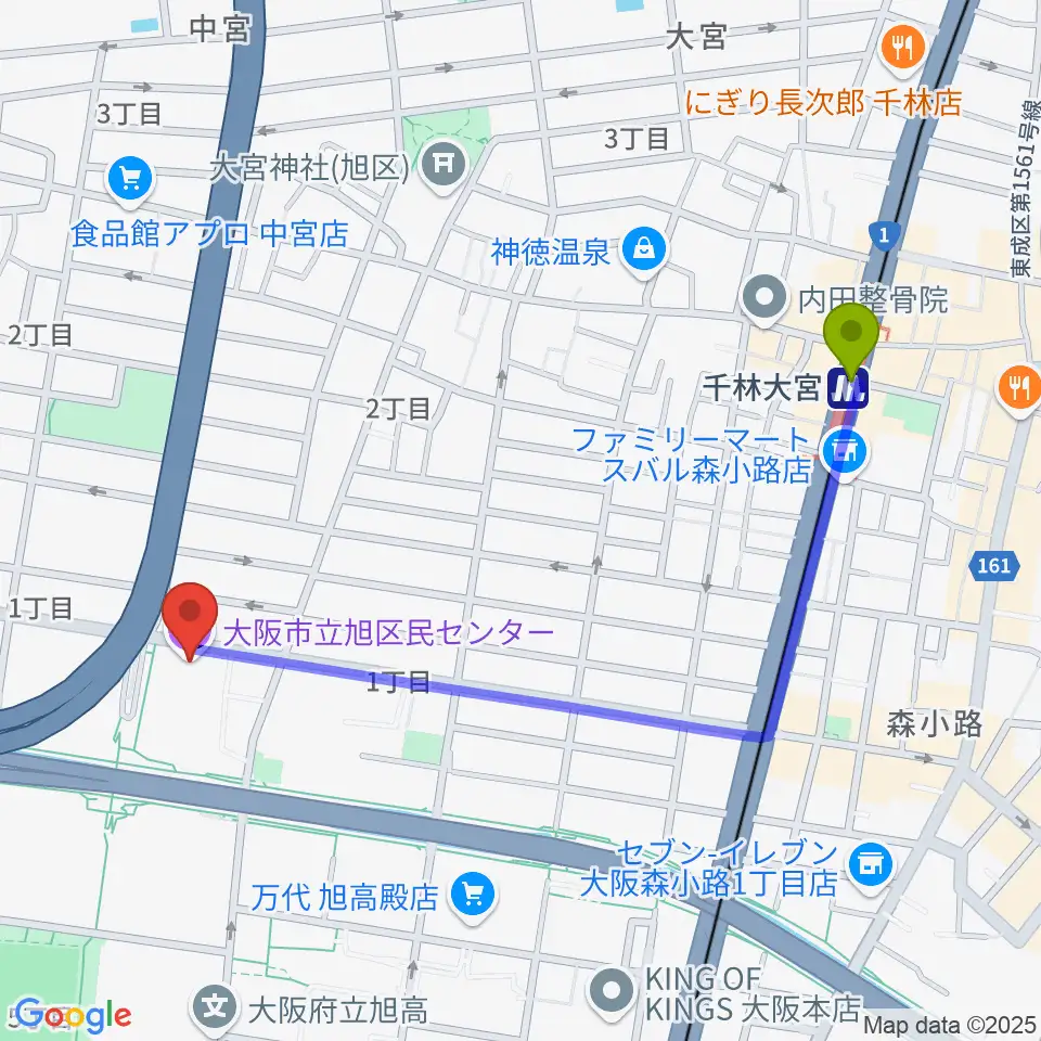 大阪市立芸術創造館の最寄駅千林大宮駅からの徒歩ルート（約11分）地図