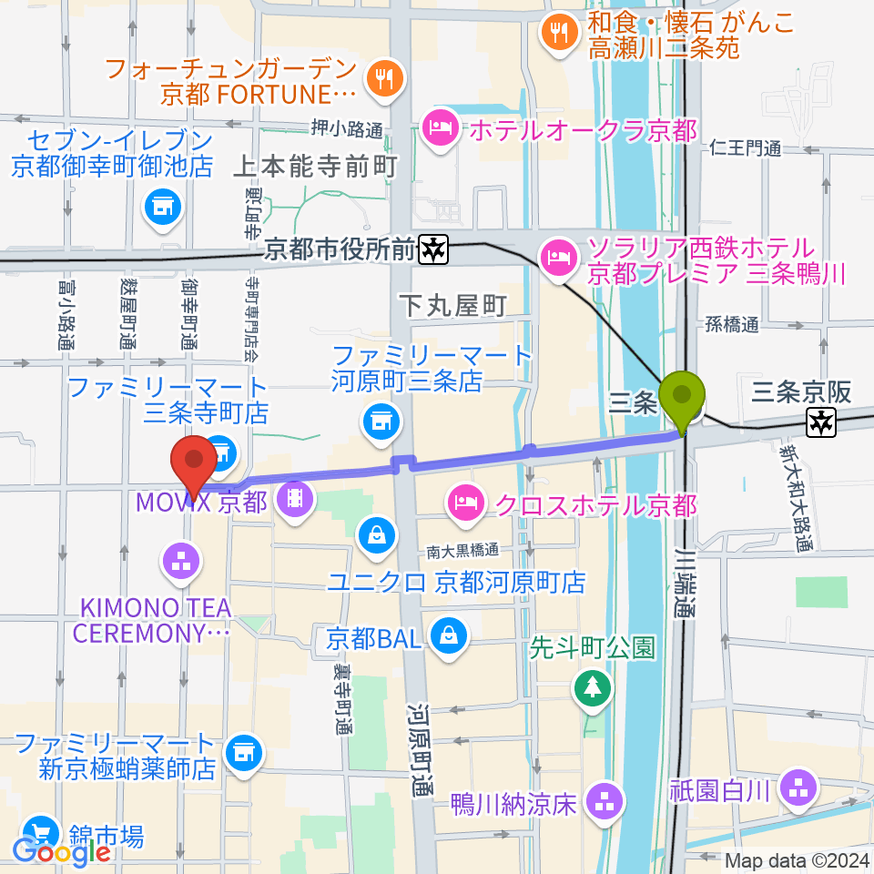三条駅からギア-GEAR-専用劇場へのルートマップ地図