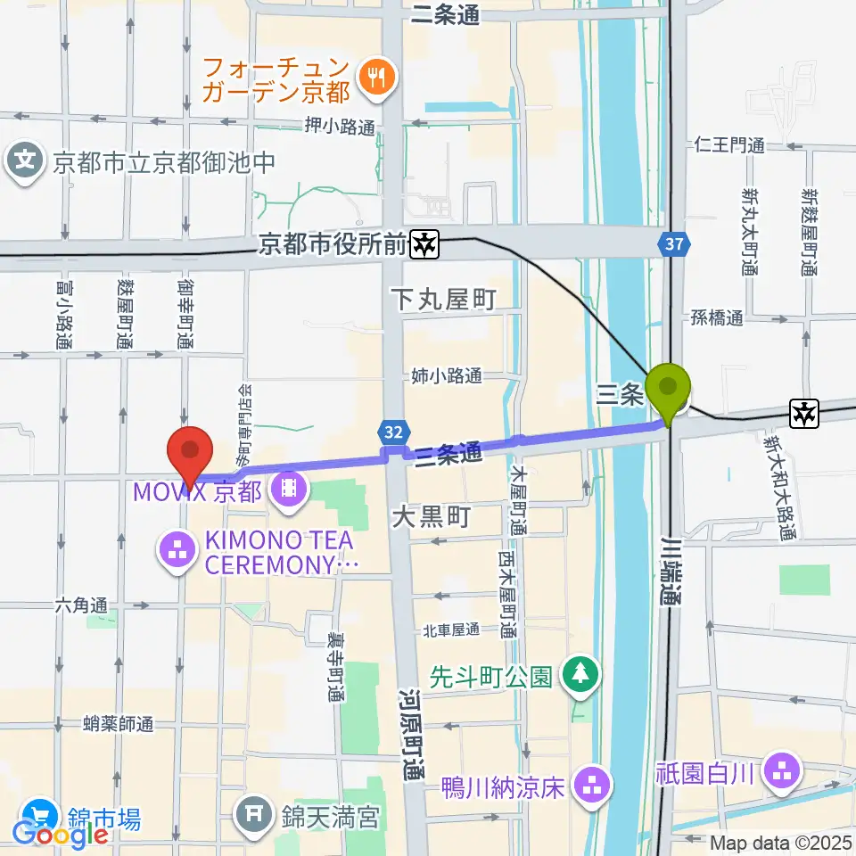 三条駅からギア-GEAR-専用劇場へのルートマップ地図